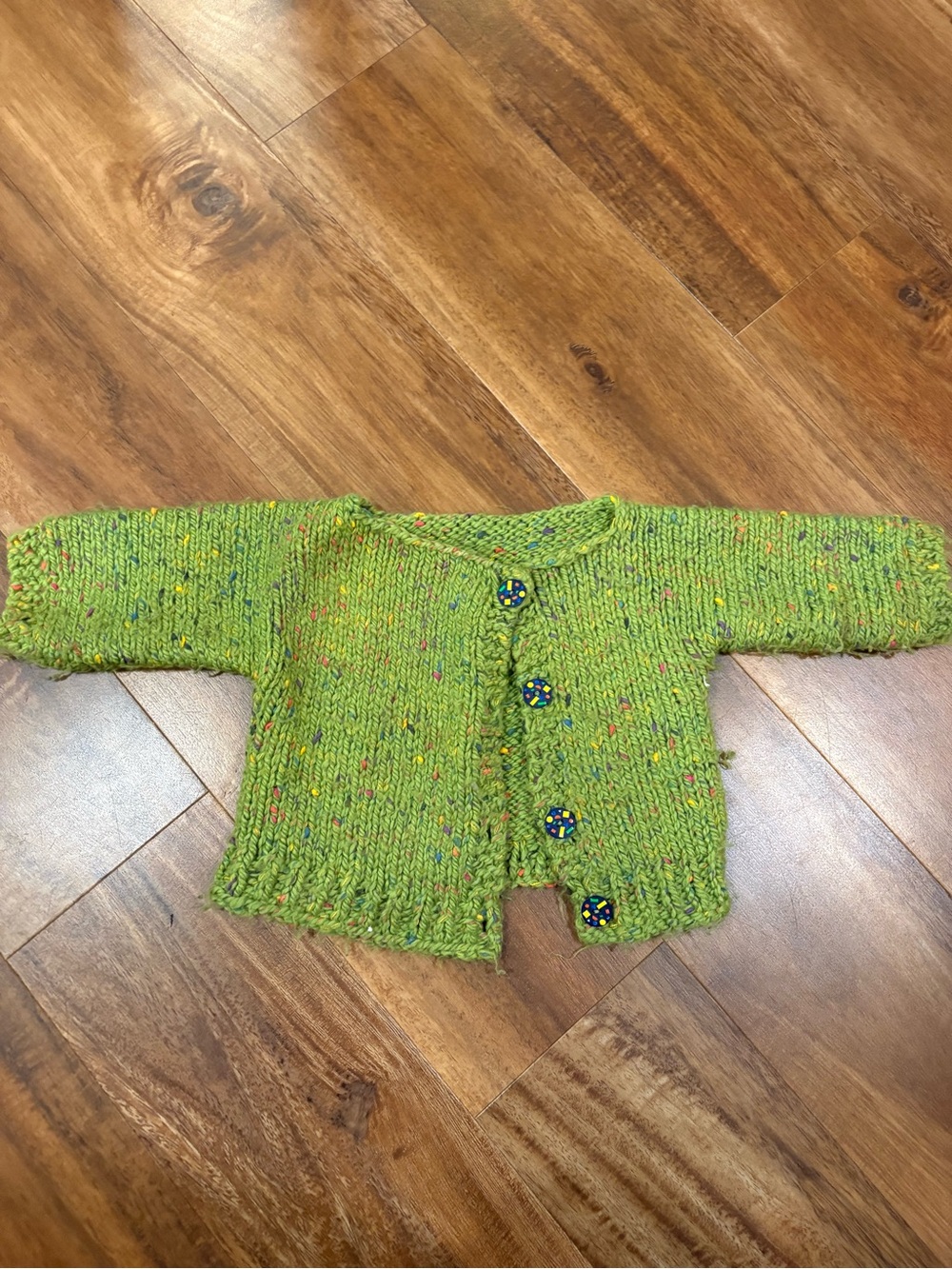 Handmade Green Knit Baby Cardigan with Decorative Buttons approx. size 12 months